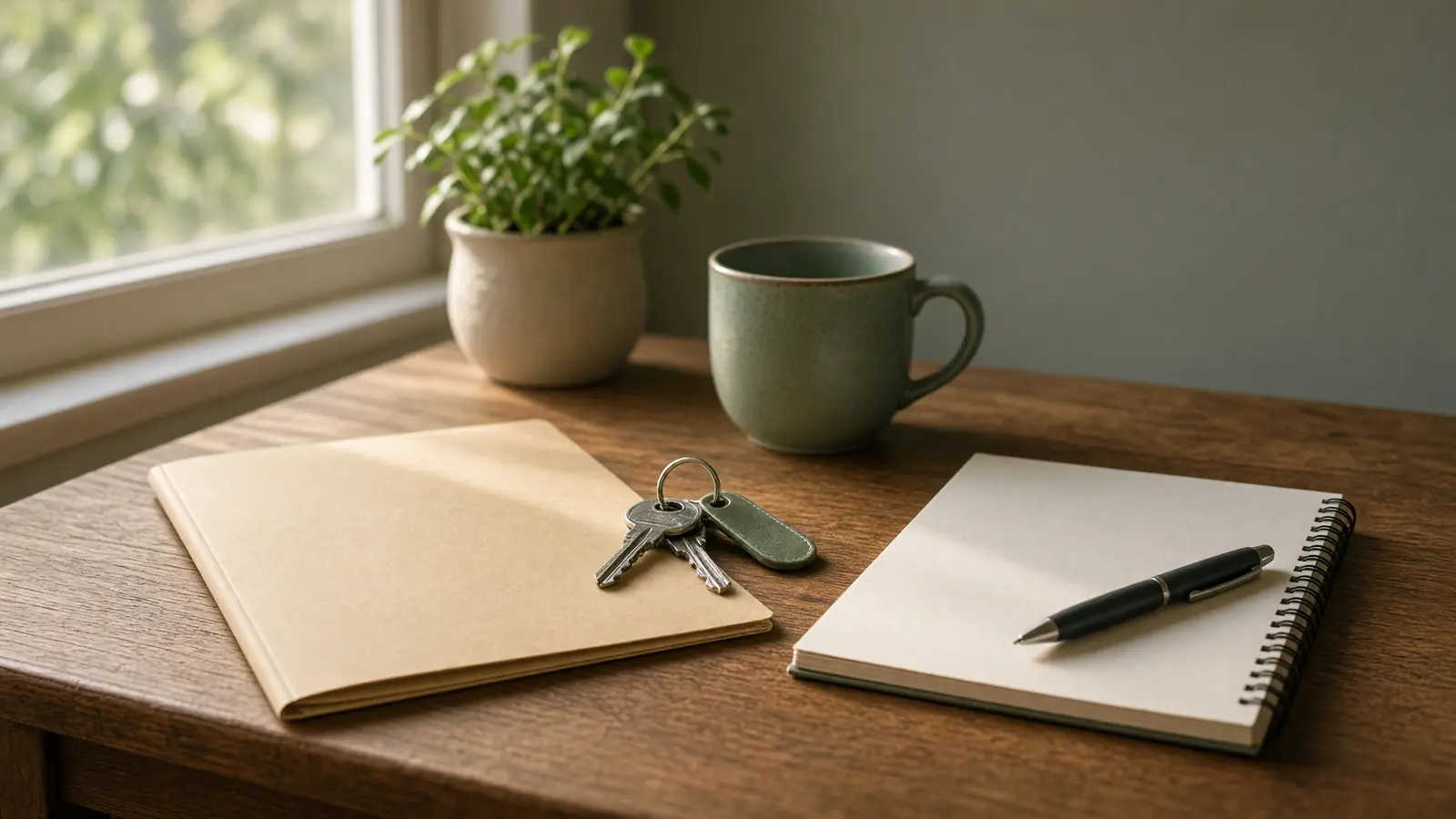 A wooden desk by a window with a closed folder, a ring of keys, a notepad and pen, and a mug beside a small plant