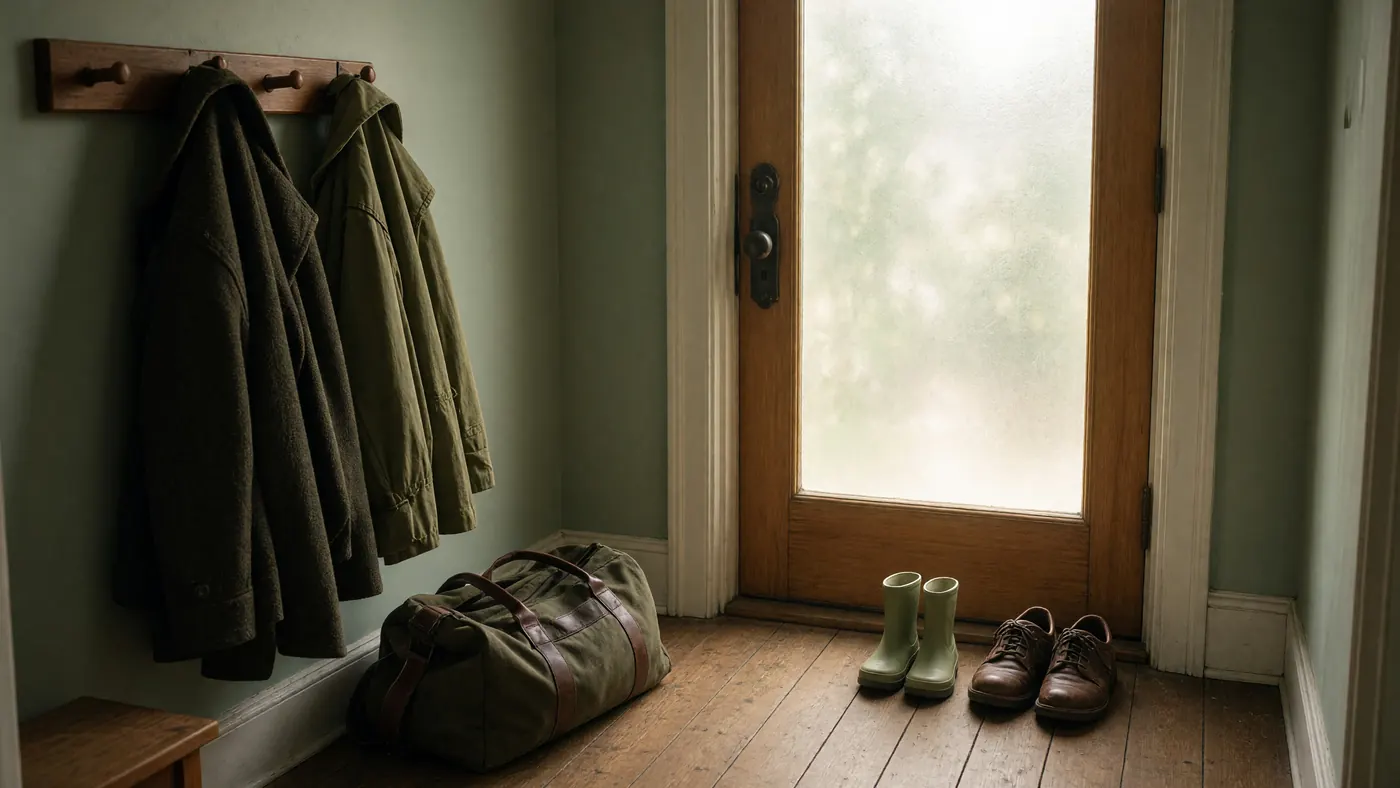 A front hall with two coats on pegs, a duffel bag, a pair of rain boots and a pair of shoes by a frosted-glass door