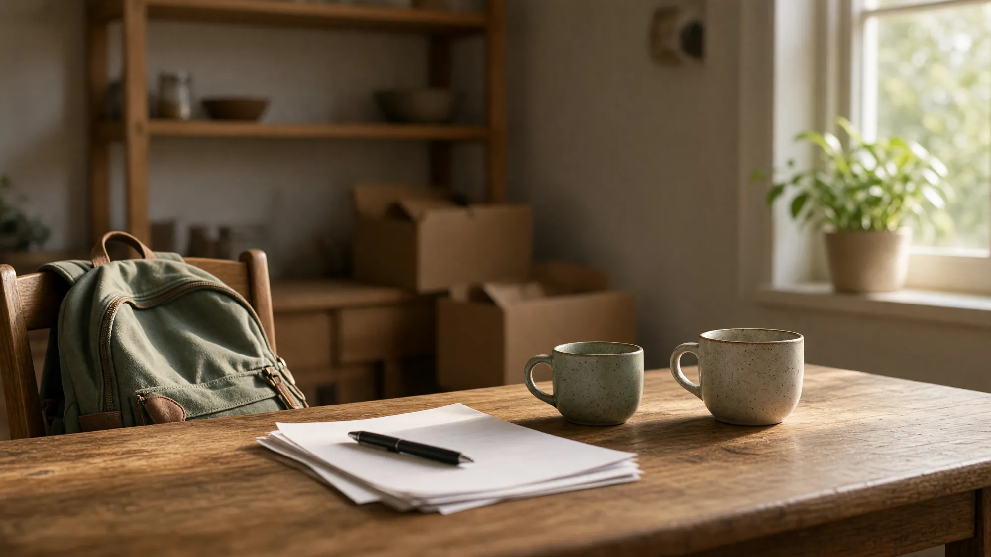Two stoneware mugs and a pen on a sheet of paper on a kitchen table in morning light, a school bag on a chair and moving boxes behind