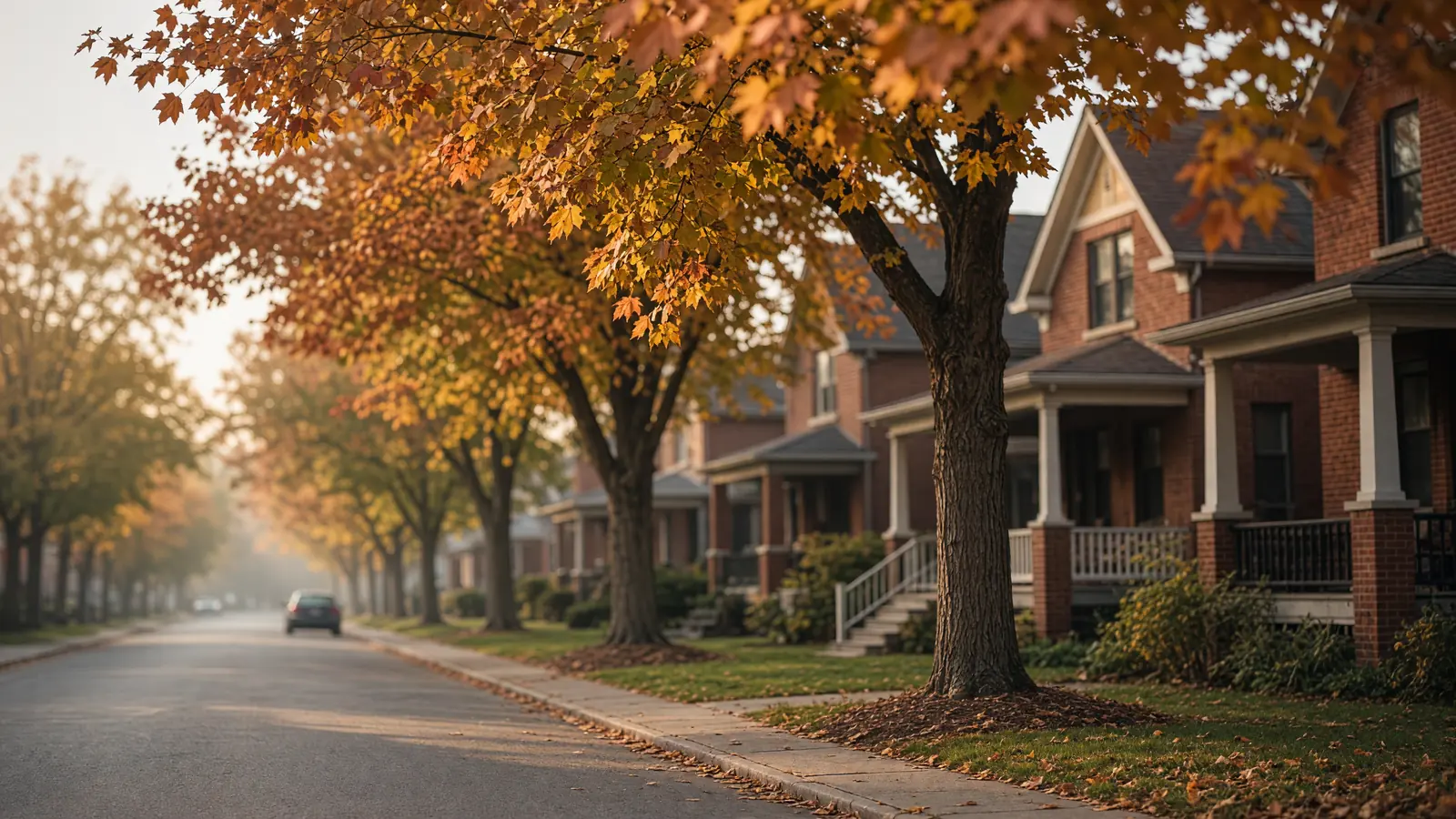 A quiet residential street in early autumn, maples turning amber in front of red-brick houses